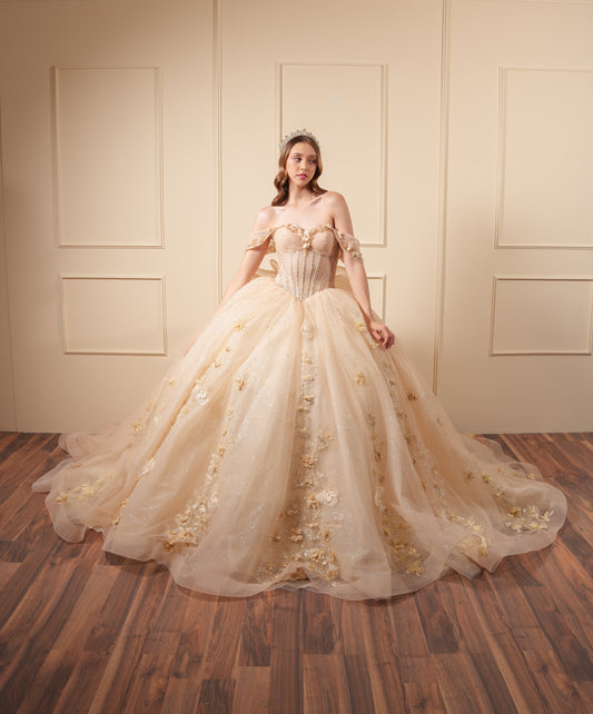 Vestido de XV años Dorado Pastel Flores en Corset y Falda con Moño