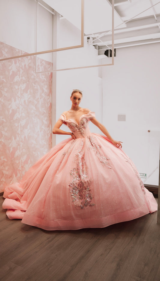 Vestido XV Rosa Palo Glitter Plata Mangas Campesinas