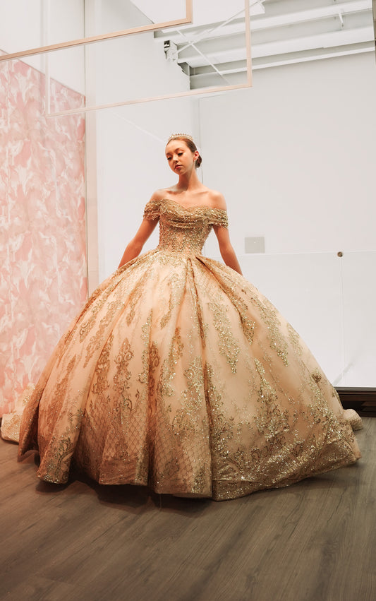 Vestido de XV Años Beige Pedreria En Corset Estampado En Falda Manga Campesina, Talla Chico