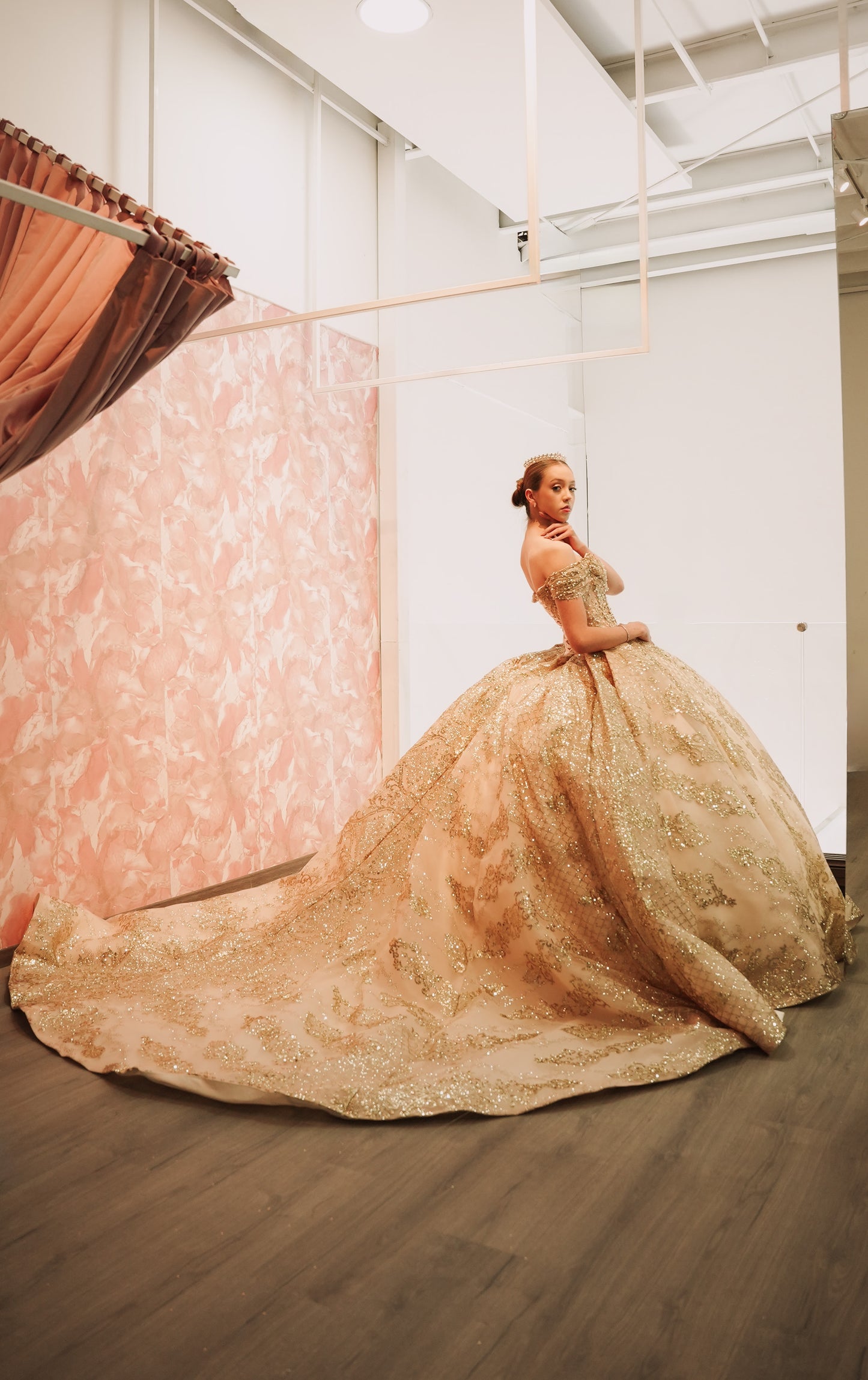 Vestido de XV Años Beige Pedreria En Corset Estampado En Falda Manga Campesina, Talla Chico