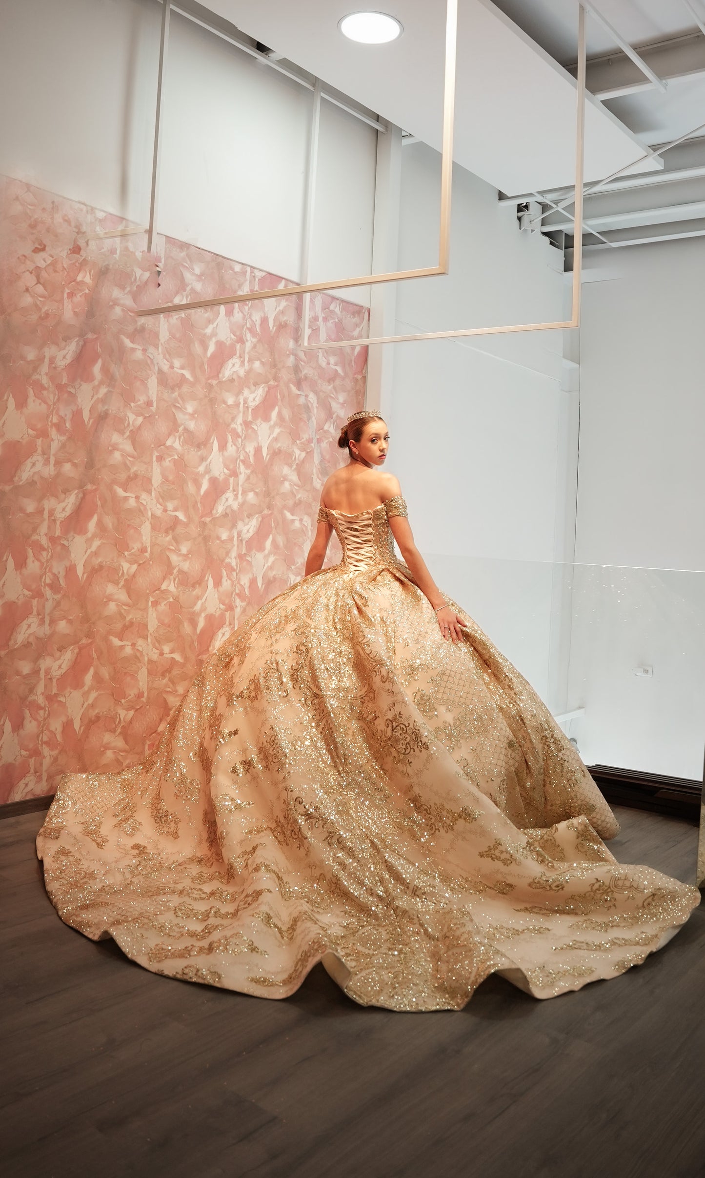 Vestido de XV Años Beige Pedreria En Corset Estampado En Falda Manga Campesina, Talla Chico