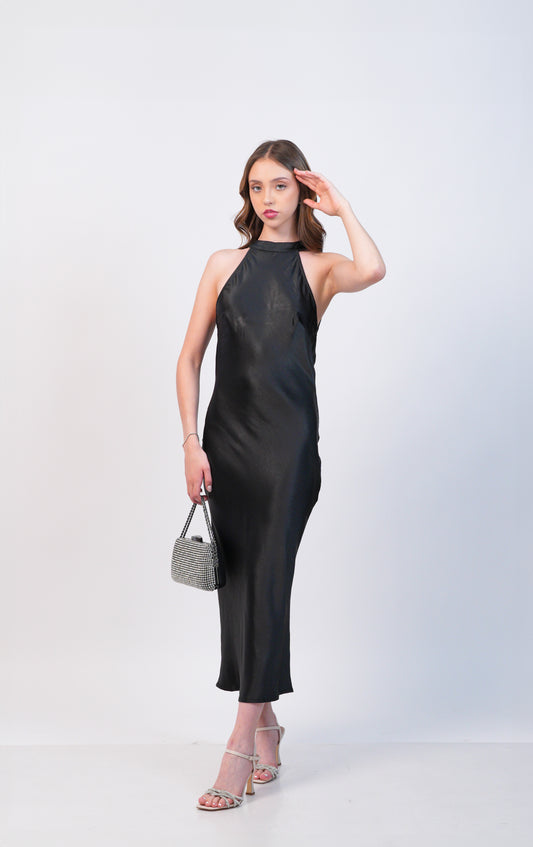 Vestido Negro Halter Escote Caido Midi
