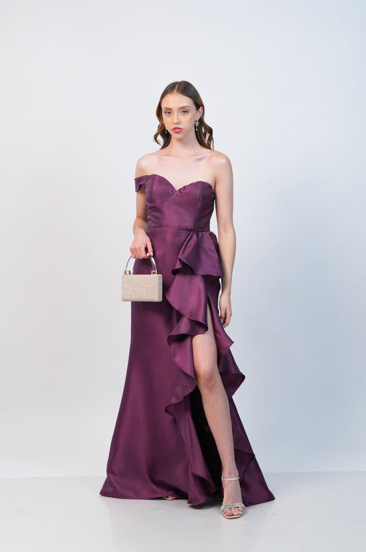 Vestido Uva una Manga Caida Plizado