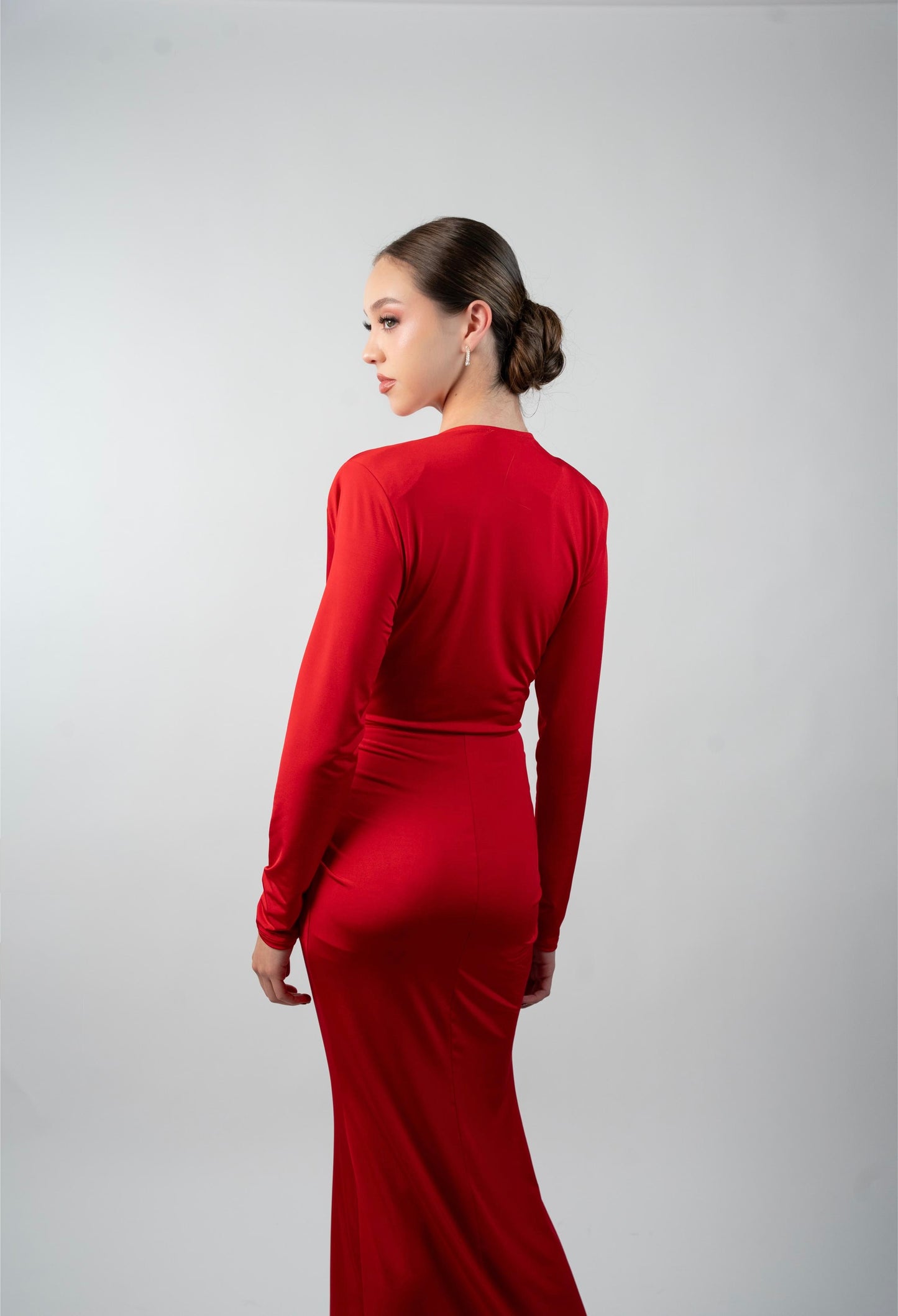 Vestido Rojo Manga Larga Corrugado en Cintura