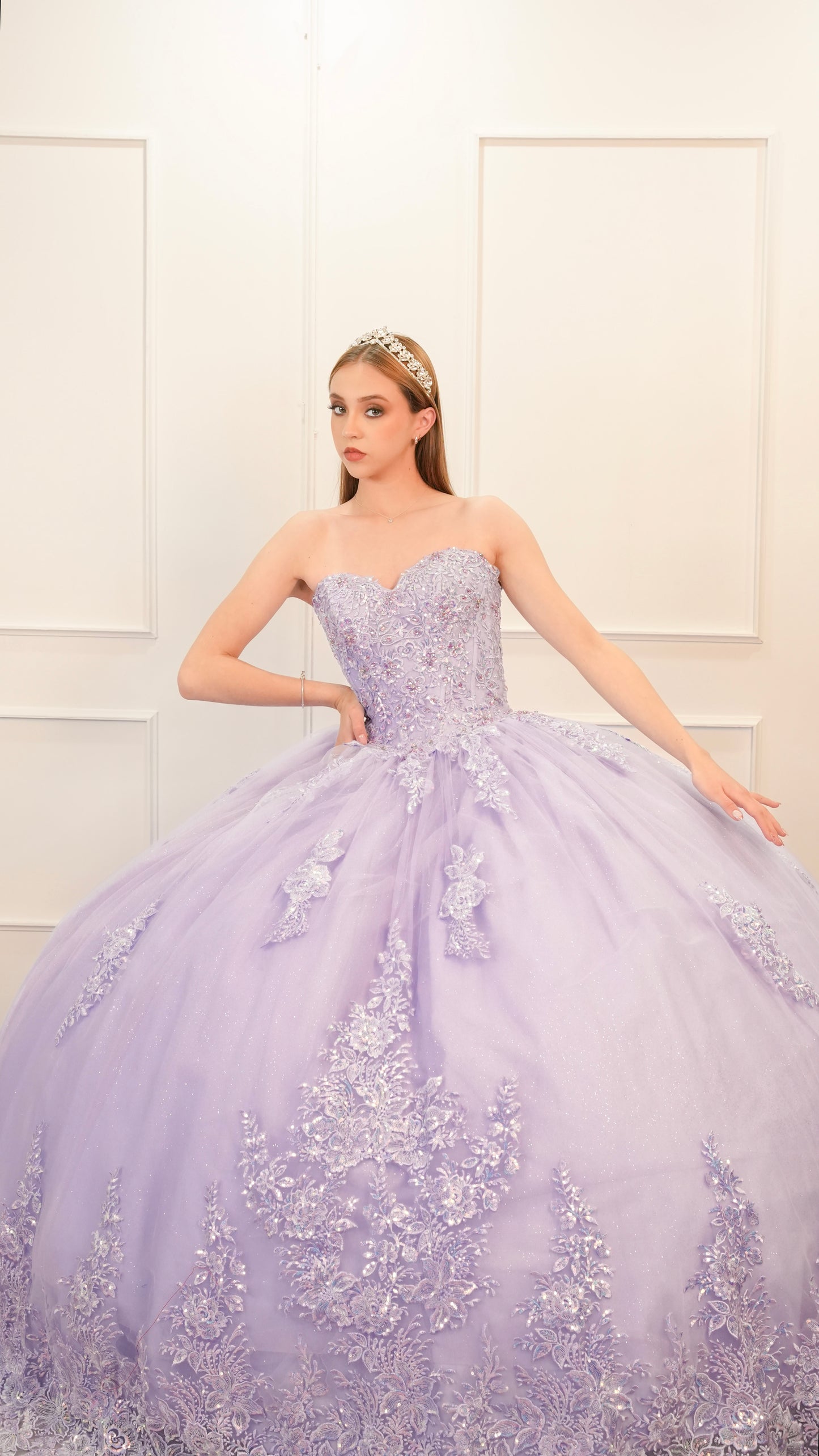 Vestido de XV años Lila Encaje Bordado con Mangas Amponas y Cola (Renta)