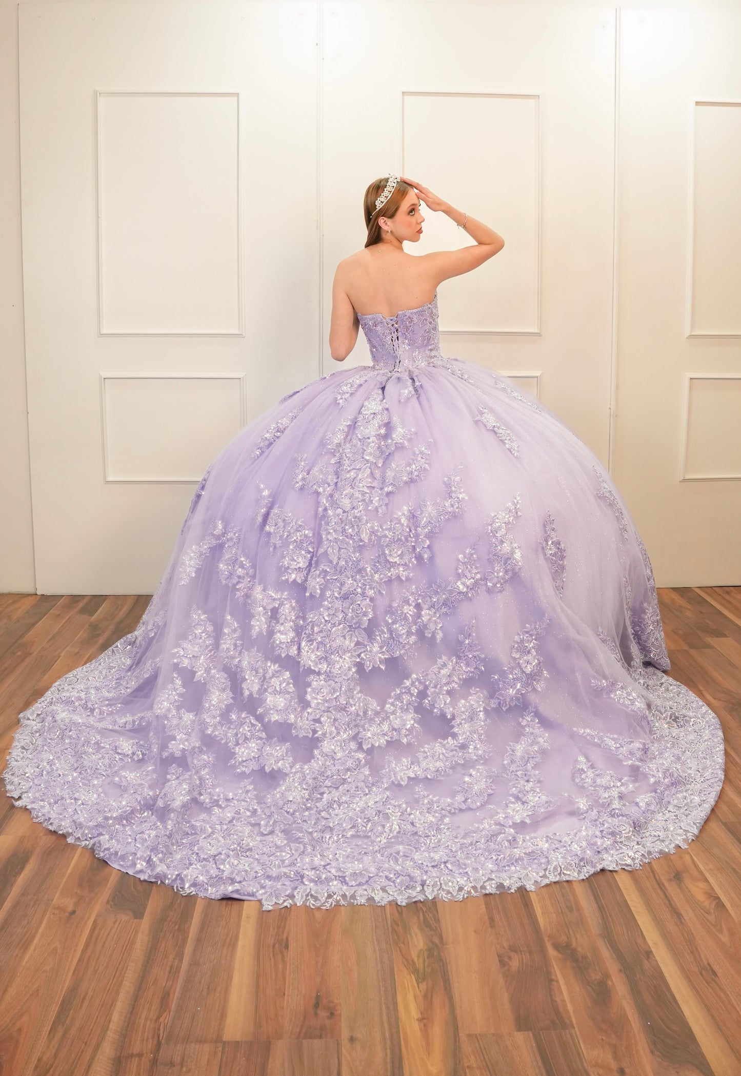 Vestido de XV años Lila Encaje Bordado con Mangas Amponas y Cola (Renta)