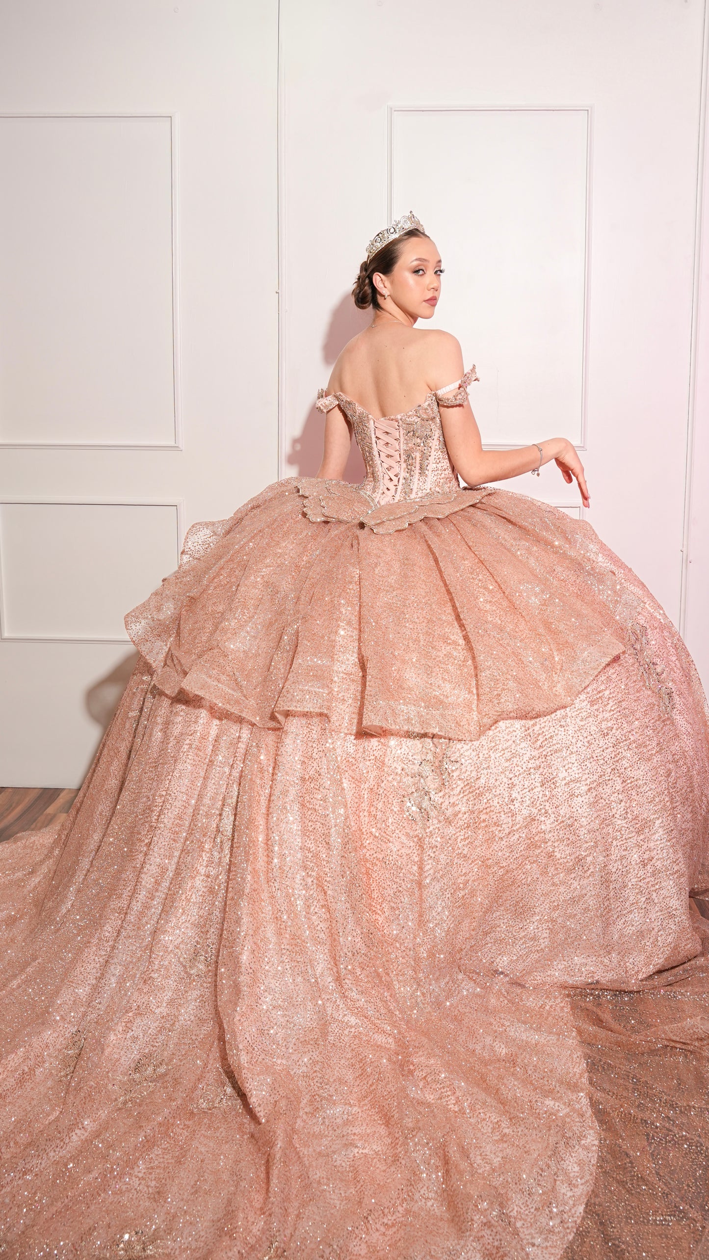 Vestido de XV Años Glitter Rosegold Mariposa