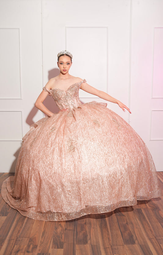 Vestido de XV Años Glitter Rosegold Mariposa