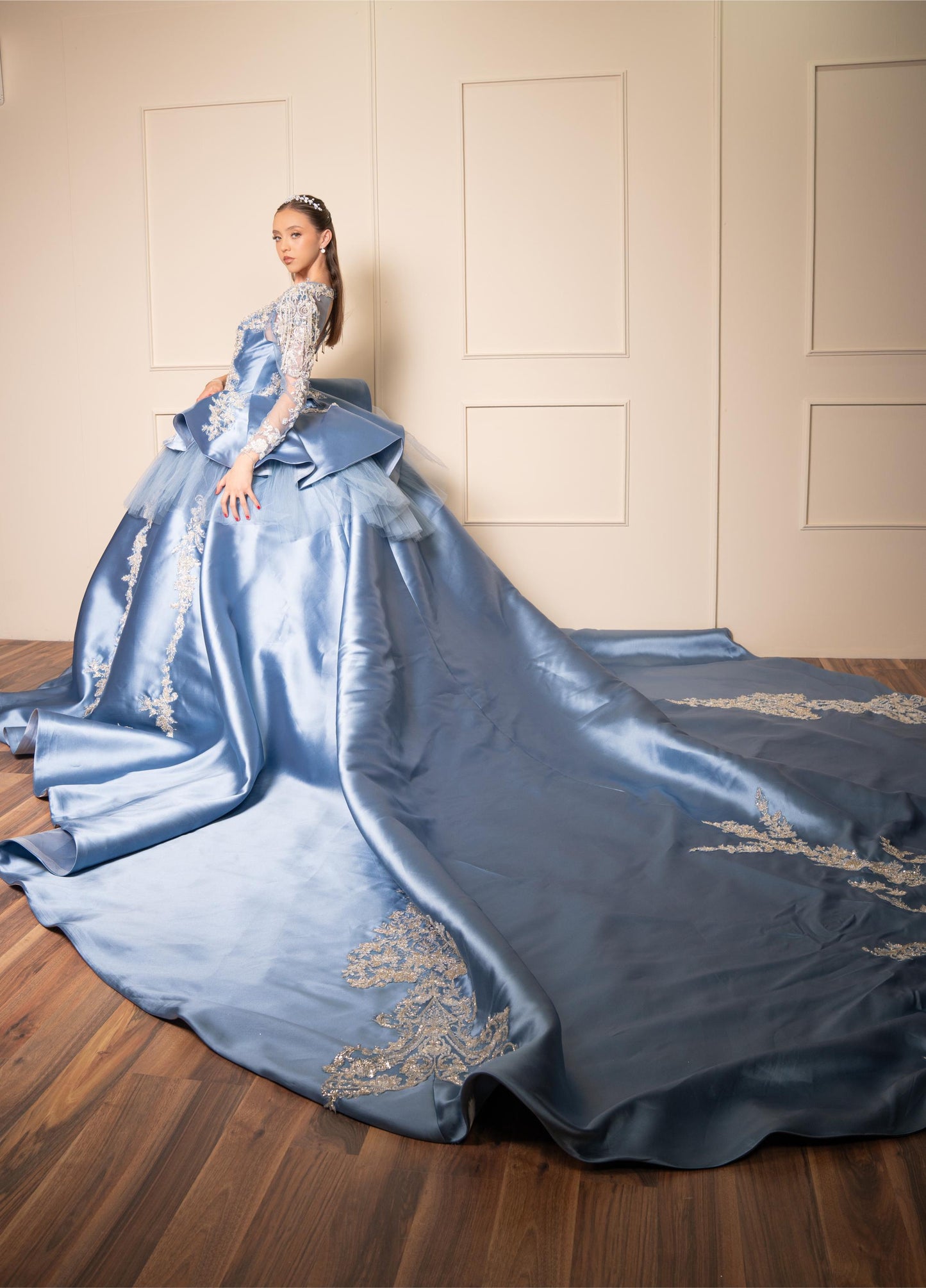 Vestido de XV Años Azul Gris de Manga Larga con Cauda y Espalda Descubierta