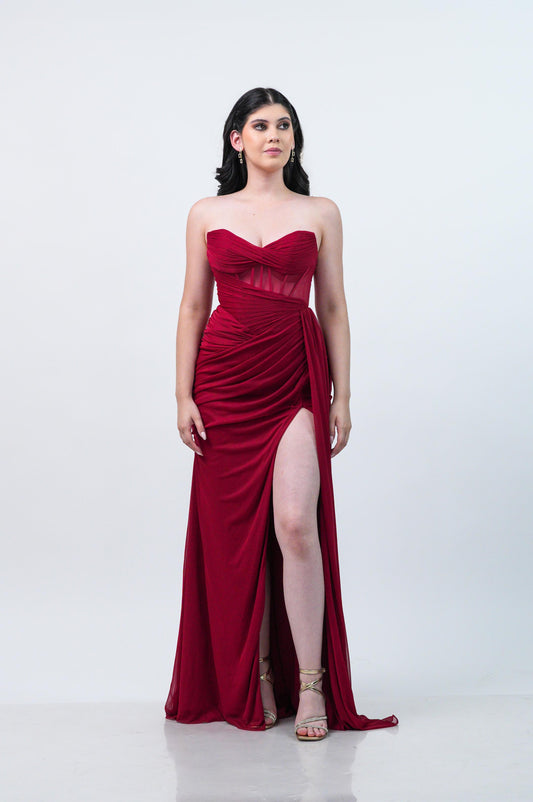 Vestido Vino Straple Corrugado En Abdomen Y Banda