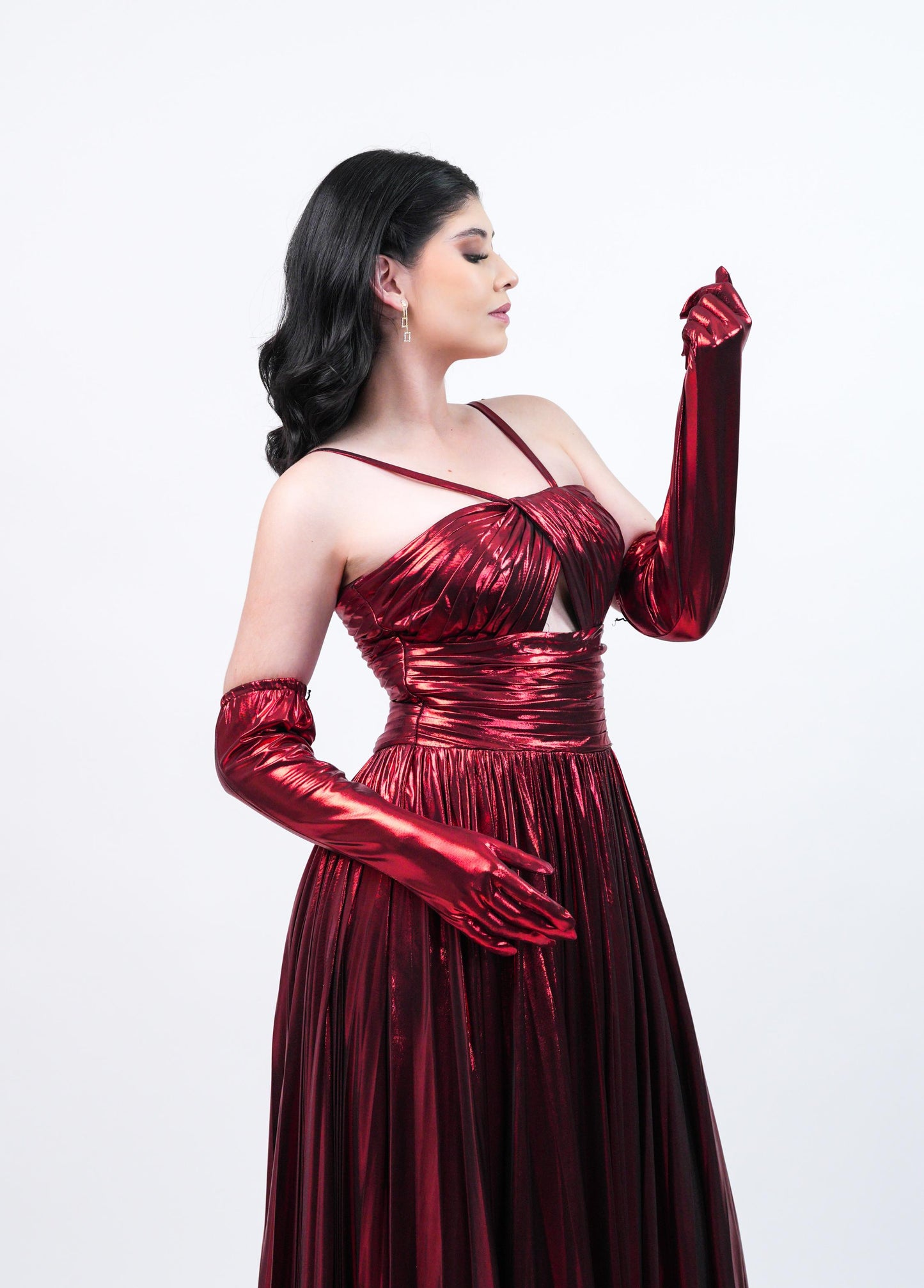 Vestido Vino Metalico Y Guantes