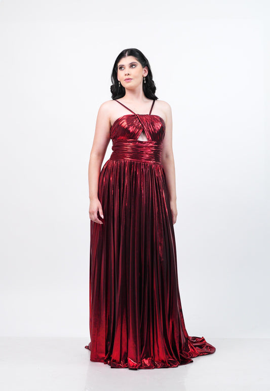 Vestido Vino Metalico Y Guantes