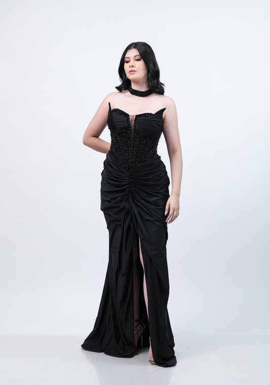 Vestido Negro Straple Piedras En Corset Corrugado