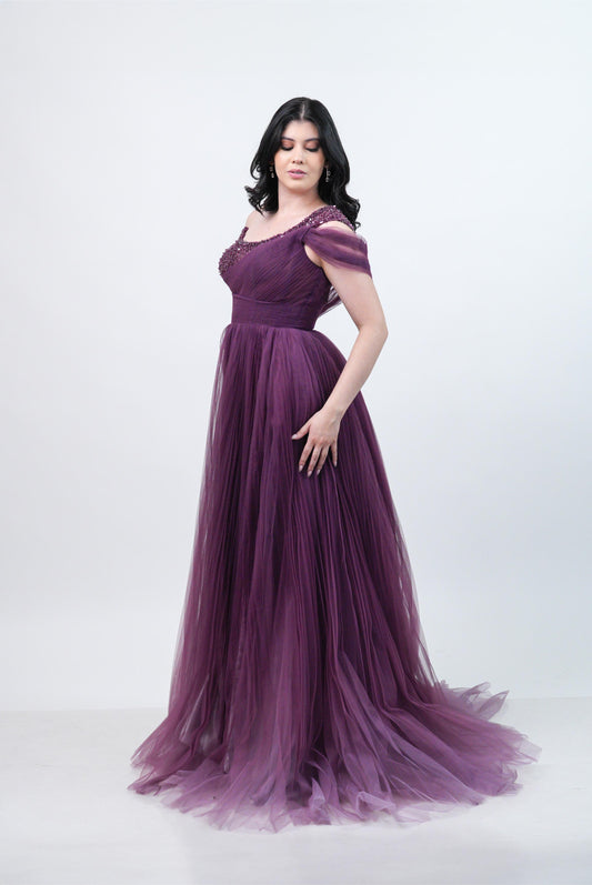 Vestido Morado Ampon Piedras En Pecho