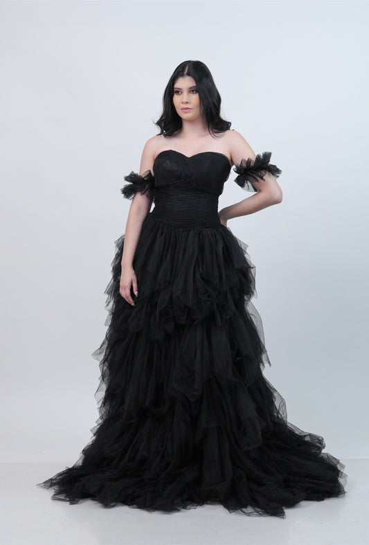 Vestido Negro Corset Y Olanes Abajo