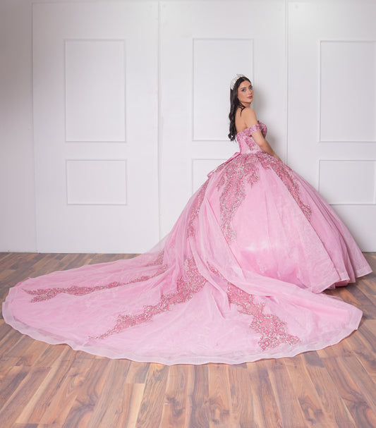 Vestido de XV años Rosa Pastel de Glitter y Mangas Campesinas