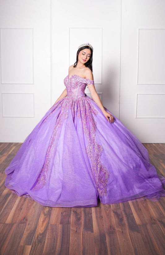 Vestido de XV Años Morado de Glitter y Mangas Campesinas
