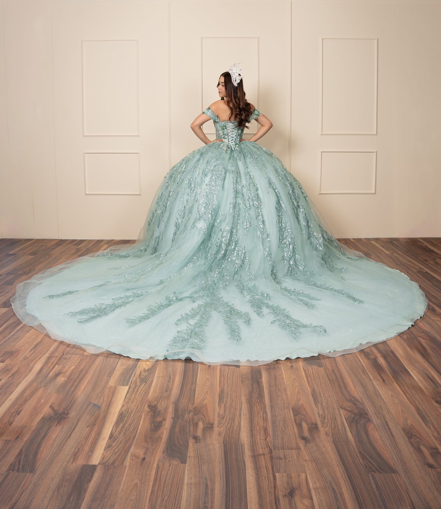 Vestido de XV Años Verde Menta Glitter Con Manga Caída