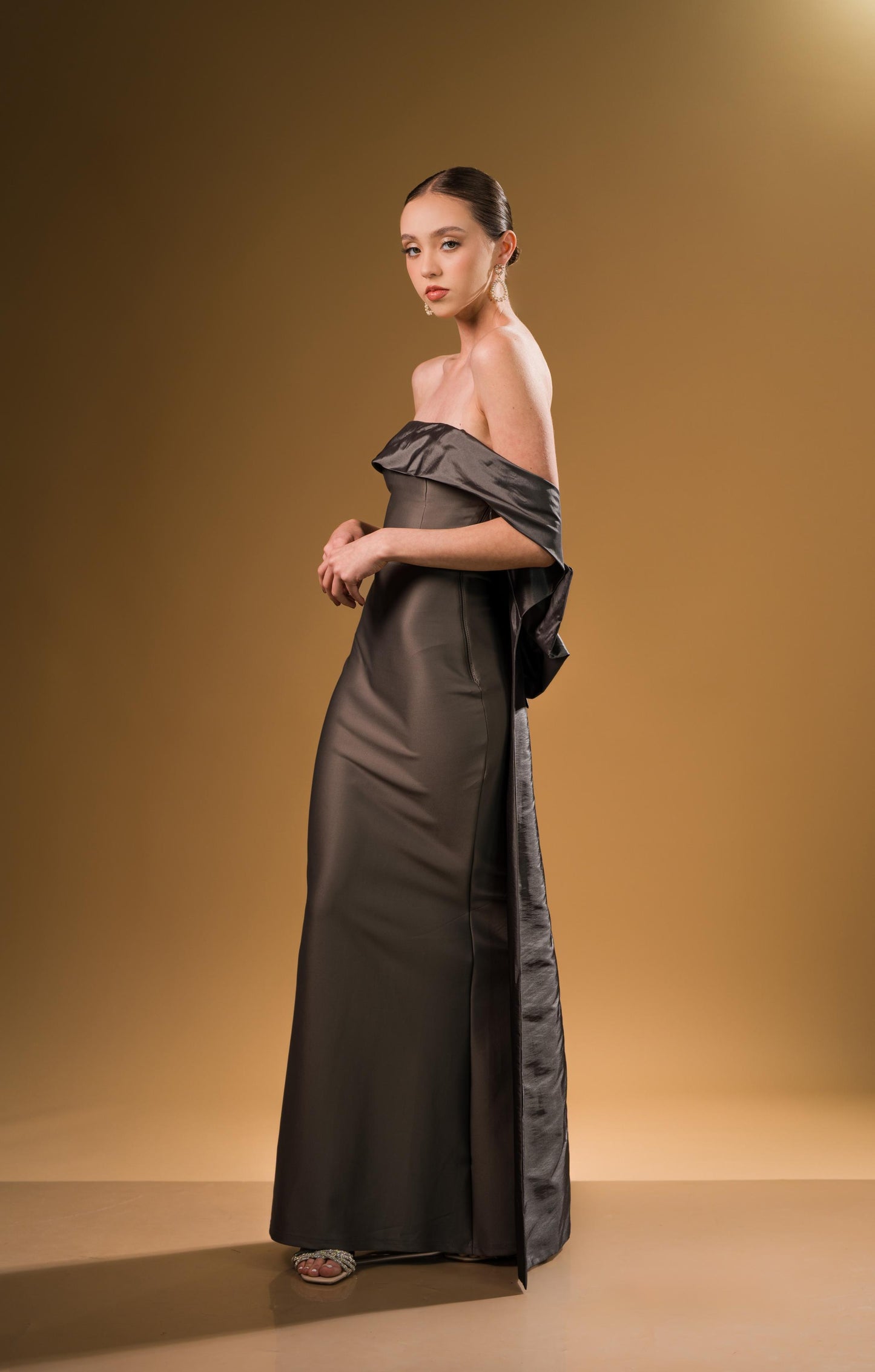 Vestido Gris Manga Campesina Moño Atras