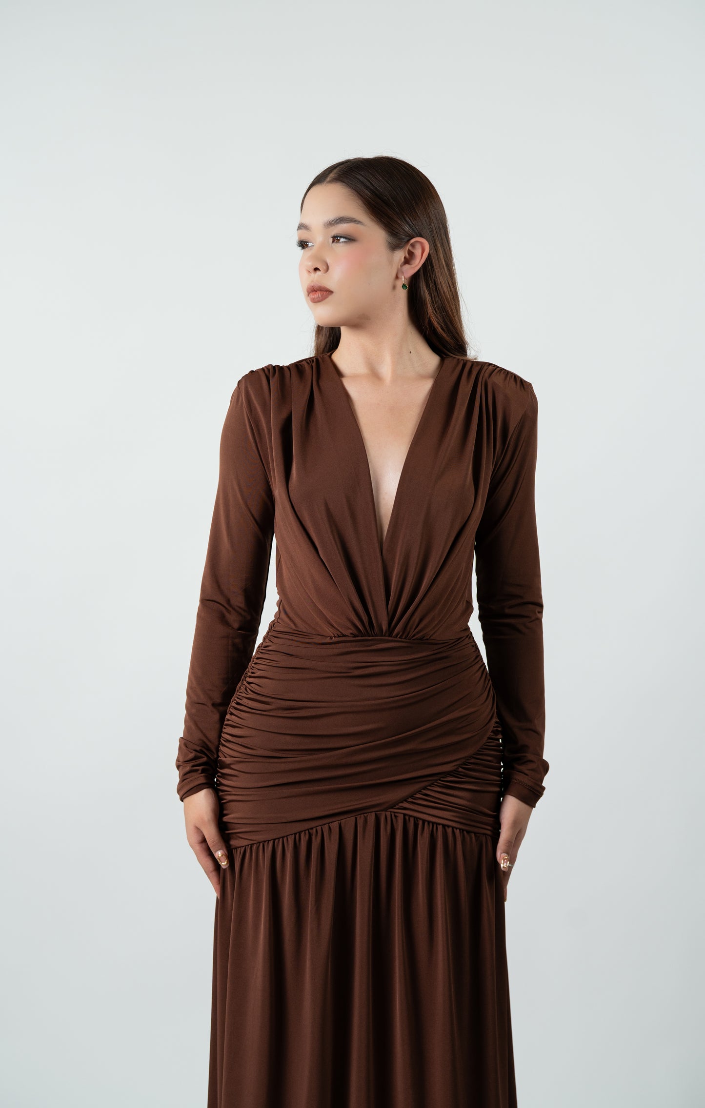 Vestido Cafe Manga Larga Corrugado Abdomen Falda Lisa