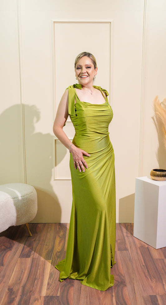 Vestido Verde Limon Straple Moños Caidos