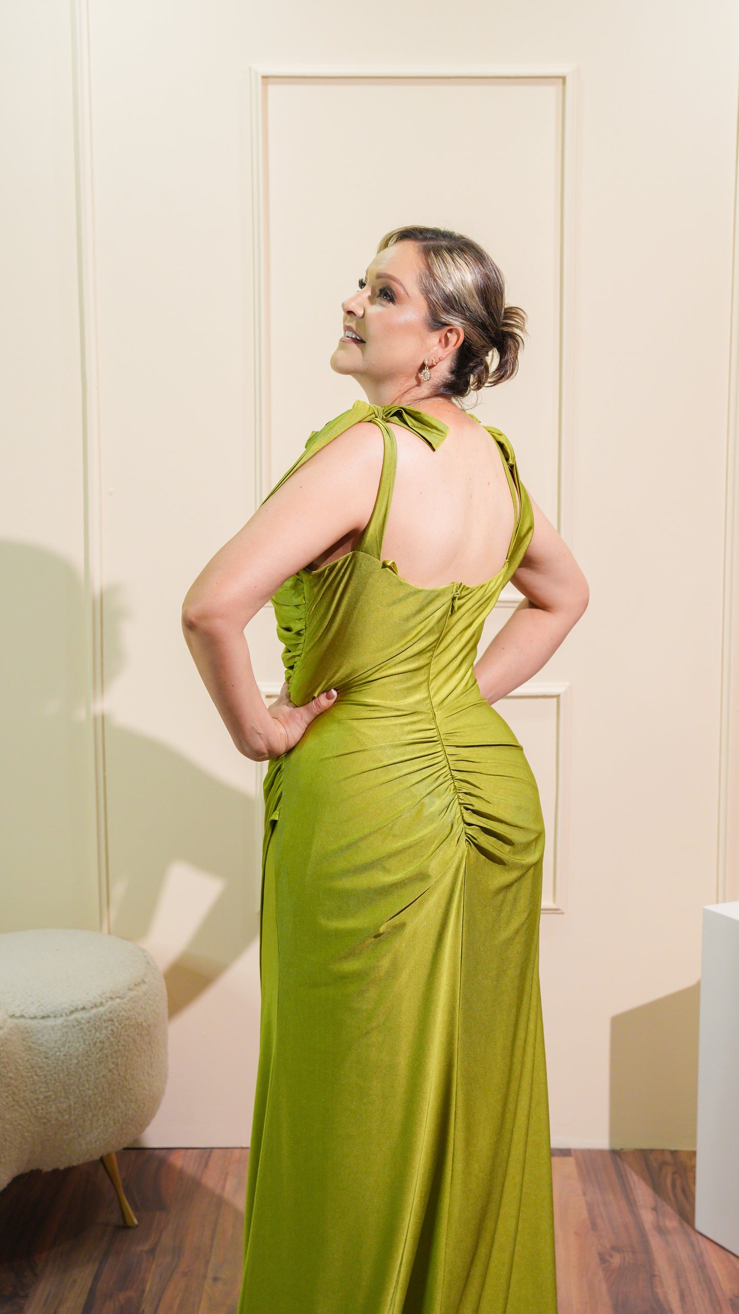 Vestido Verde Limon Straple Moños Caidos