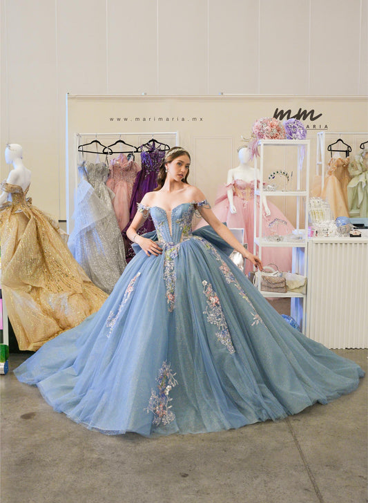 Vestido de XV Años Azul Gris Flores de Pedrería Cadenas en Mangas y Moño