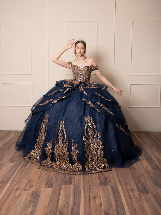 Vestido de XV Años Azul Marino Lentejuela Dorada