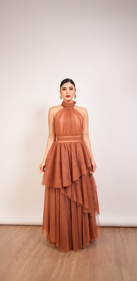 Vestido Cobre Halter Y Olanes De Tul