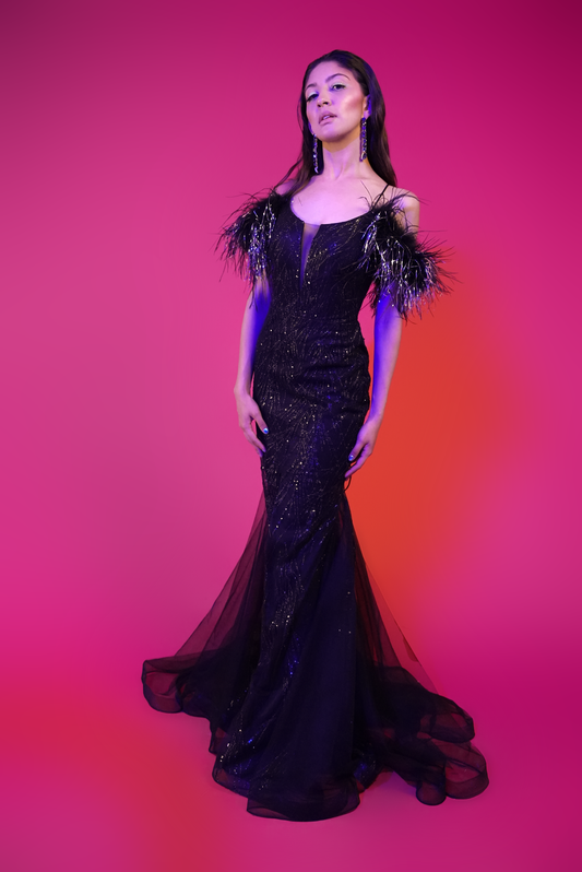 Vestido Corte Sirena con Tul Abajo y Plumas en Mangas Caidas