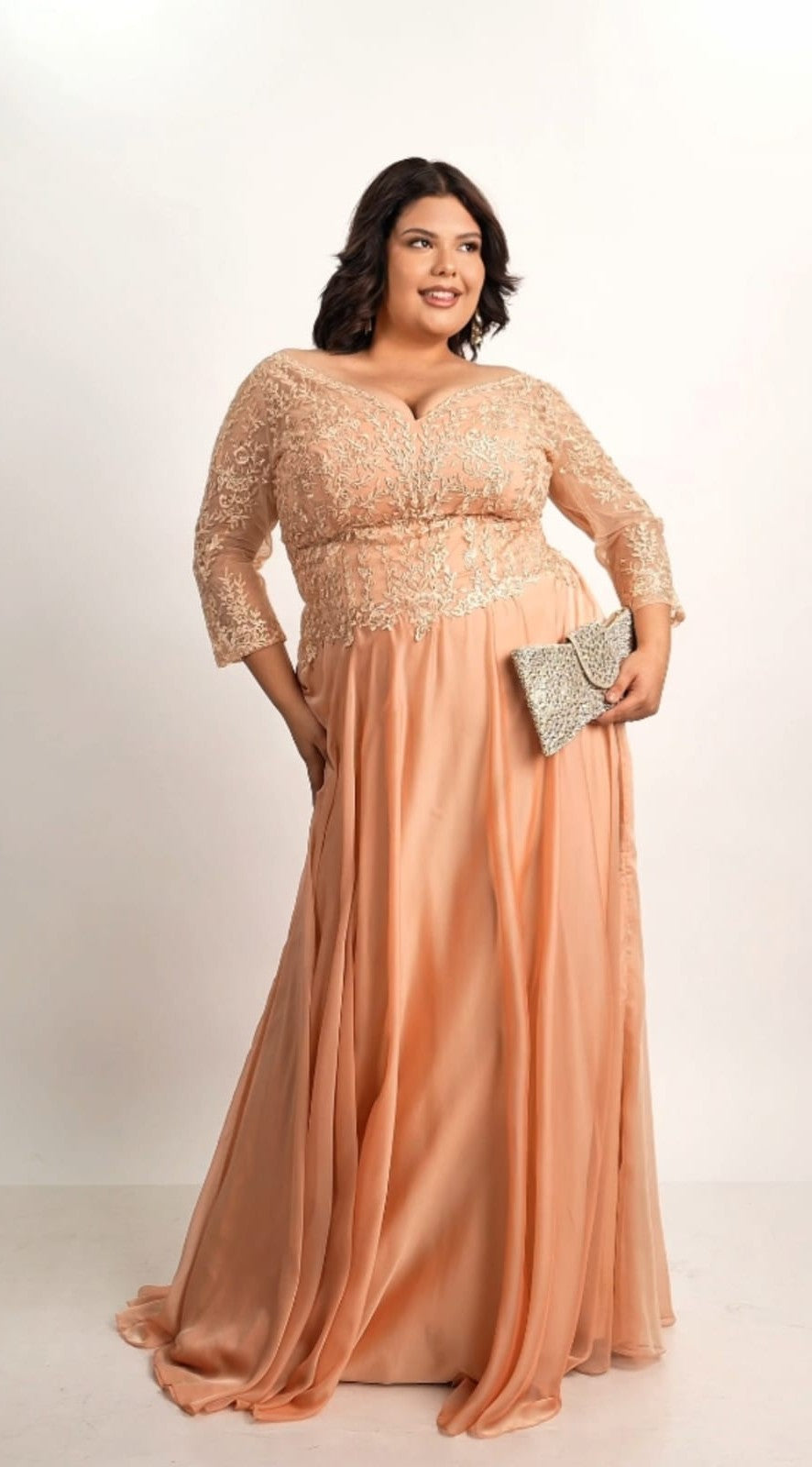 Vestido Melon Corte A Bordado En Abdomen Y Mangas