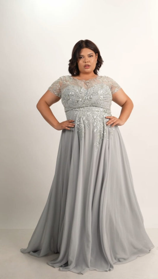 Vestido Plata Corte A Manga 3/4 Diseño En Corset