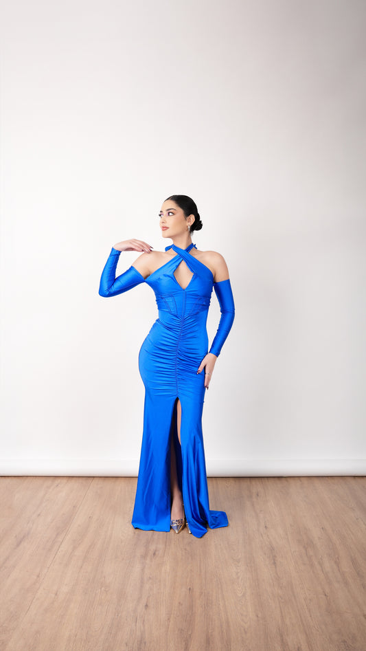 Vestido Azul Rey Licra Corrugado Con Mangas