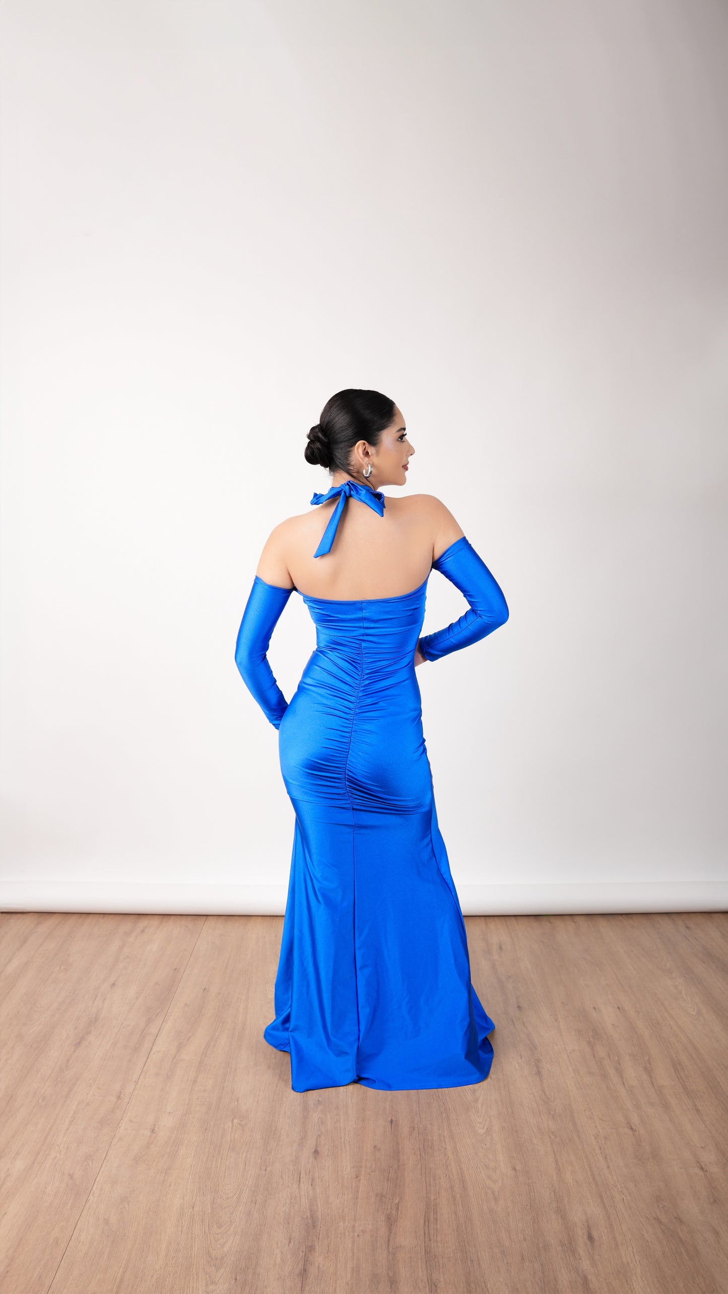 Vestido Azul Rey Licra Corrugado Con Mangas