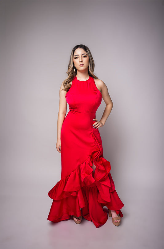 Vestido Rojo Halter Olanes En Falda