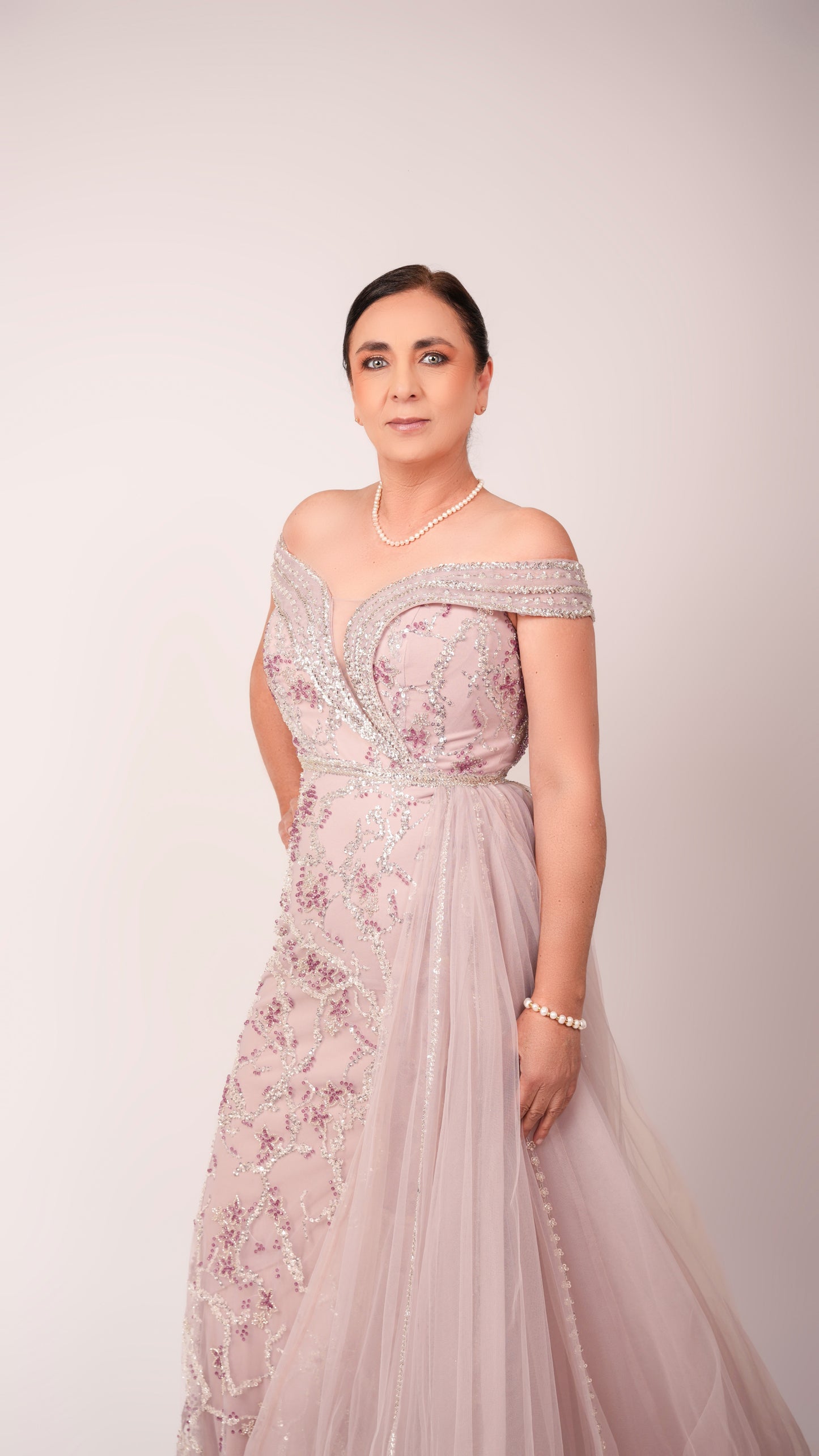 Vestido Rosa Malva Manga Caída Con Estampado Y Estola