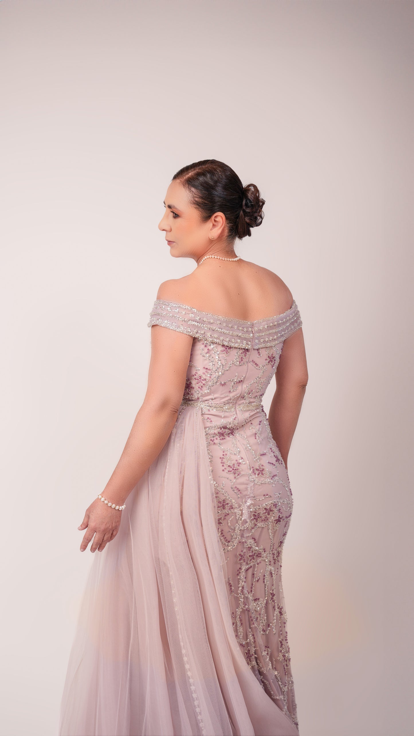 Vestido Rosa Malva Manga Caída Con Estampado Y Estola