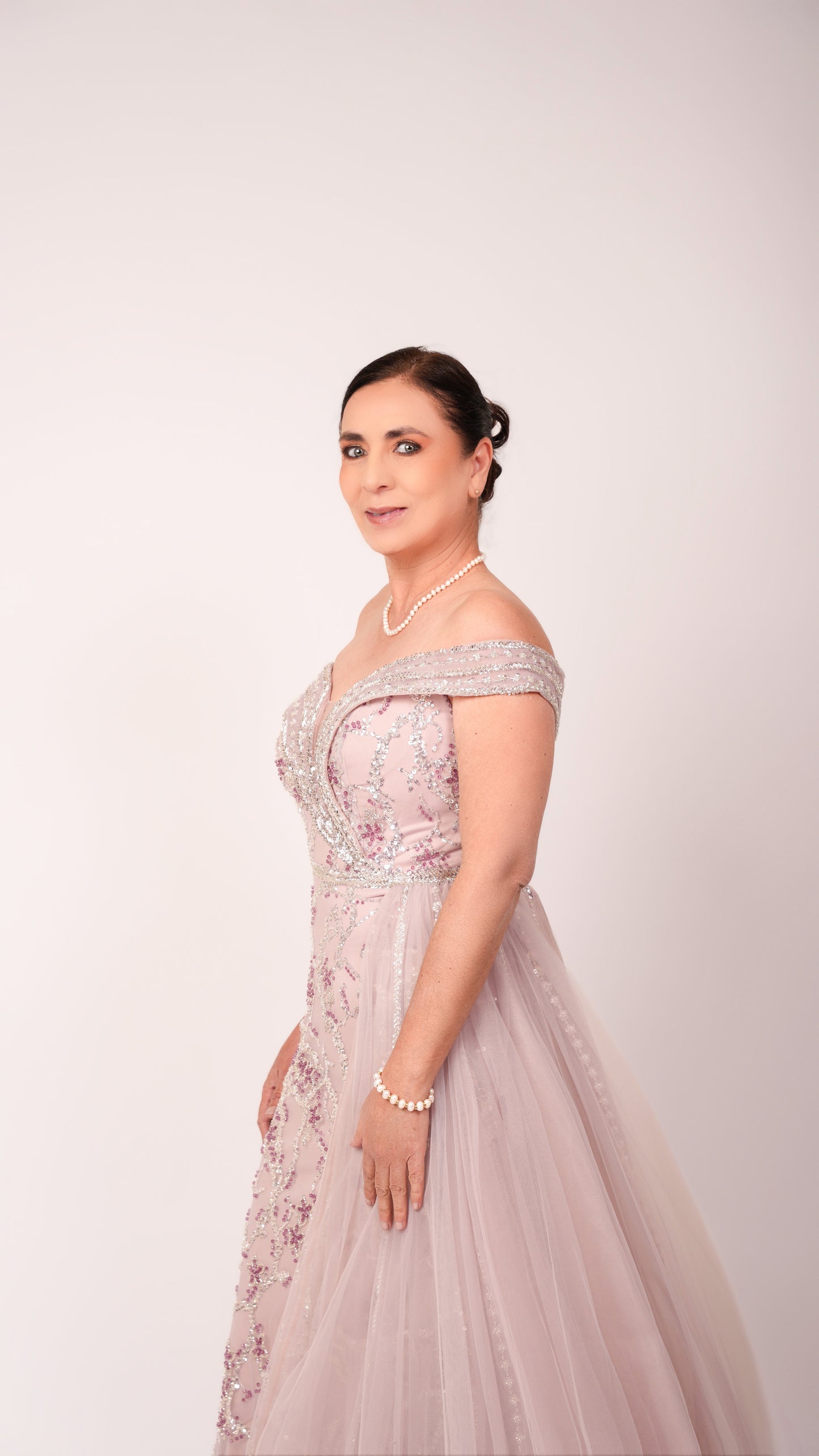 Vestido Rosa Malva Manga Caída Con Estampado Y Estola