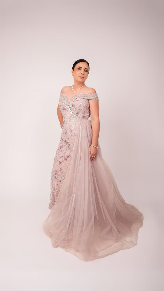 Vestido Rosa Malva Manga Caída Con Estampado Y Estola