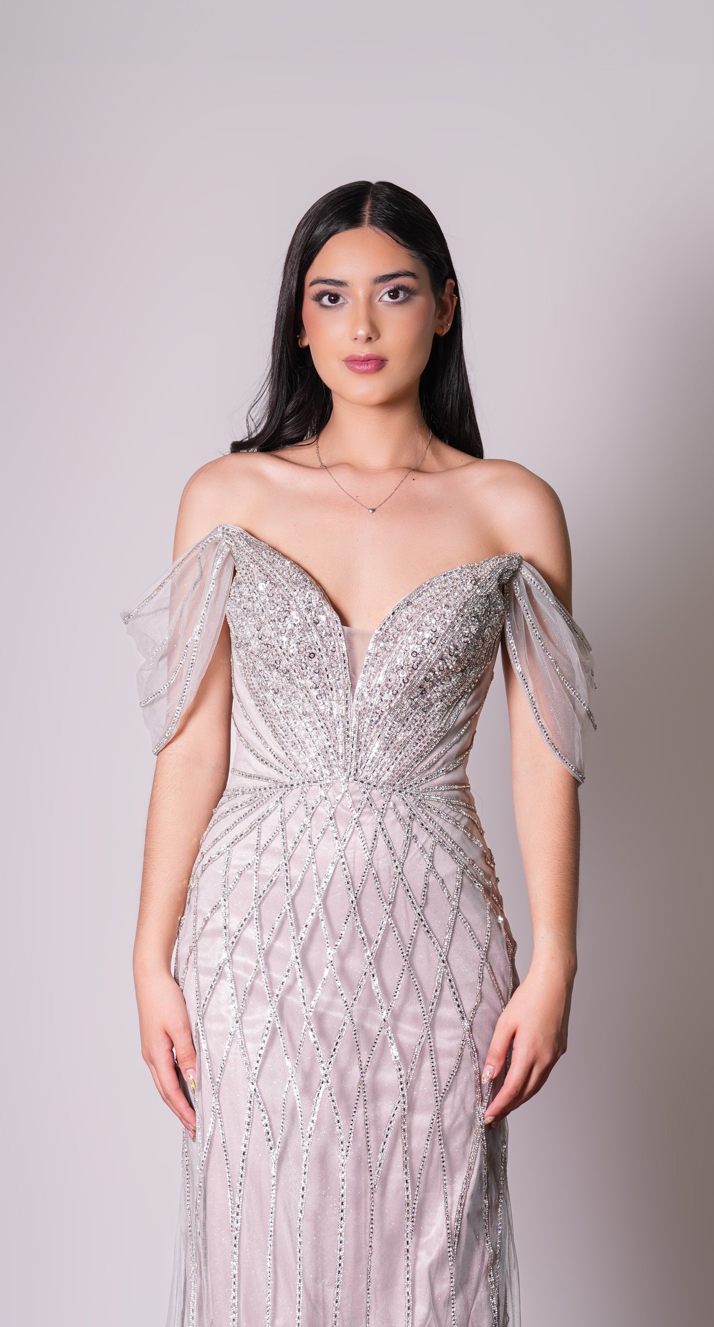 Vestido Plata Lentejuela Straple Manga Ampona