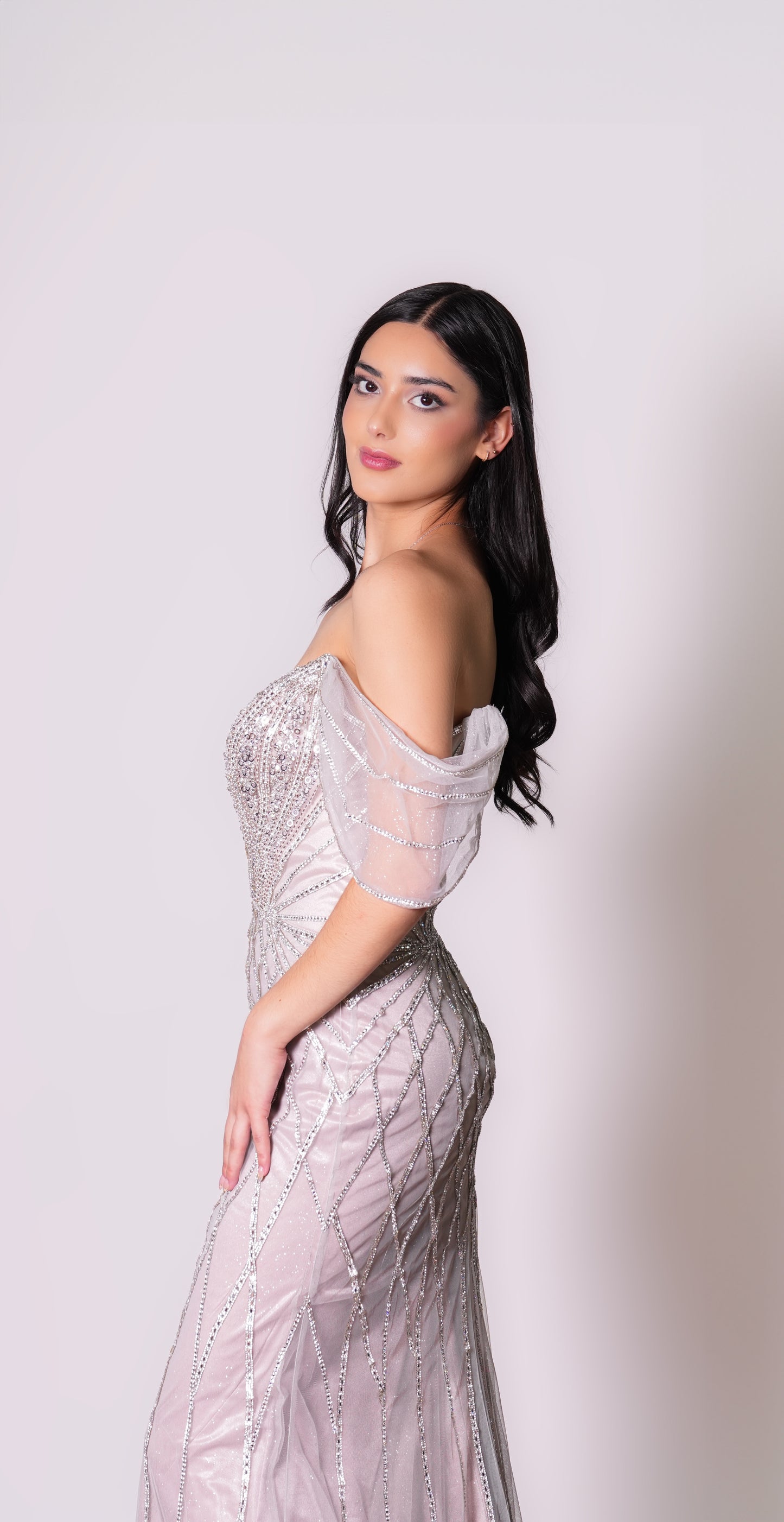 Vestido Plata Lentejuela Straple Manga Ampona