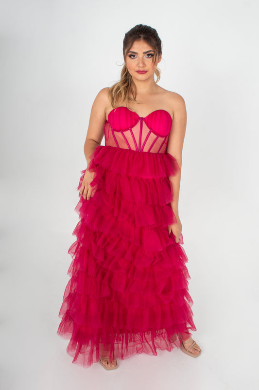 VESTIDO  ESTRAPLE OLANES TRANSPARENCIA EN ABDOMEN