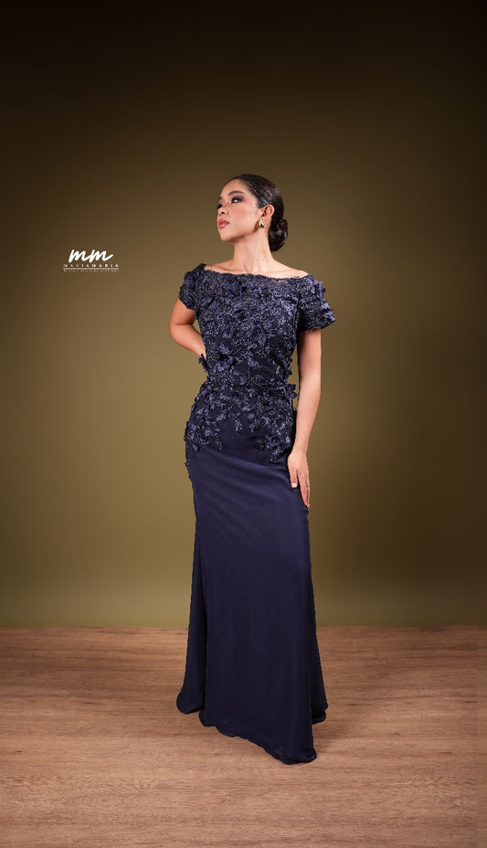 Azul Marino Manga Corta Con Flores Bordadas