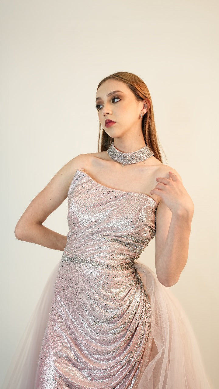 Vestido Rosa Palo Pedreria Con Copa