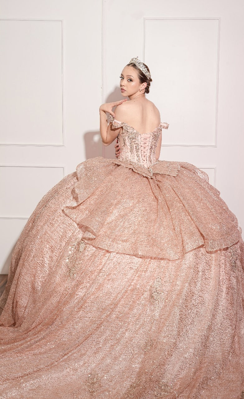 Vestido de XV Años Glitter Rosegold Mariposa