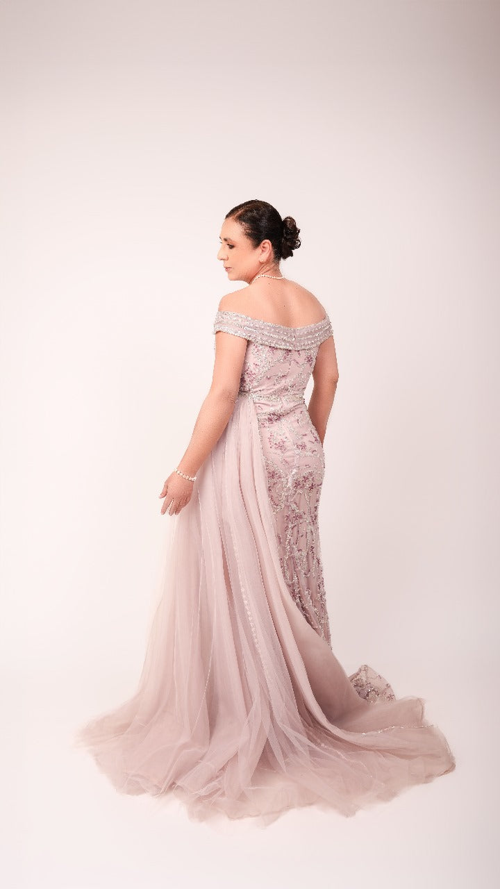 Vestido Rosa Malva Manga Caída Con Estampado Y Estola