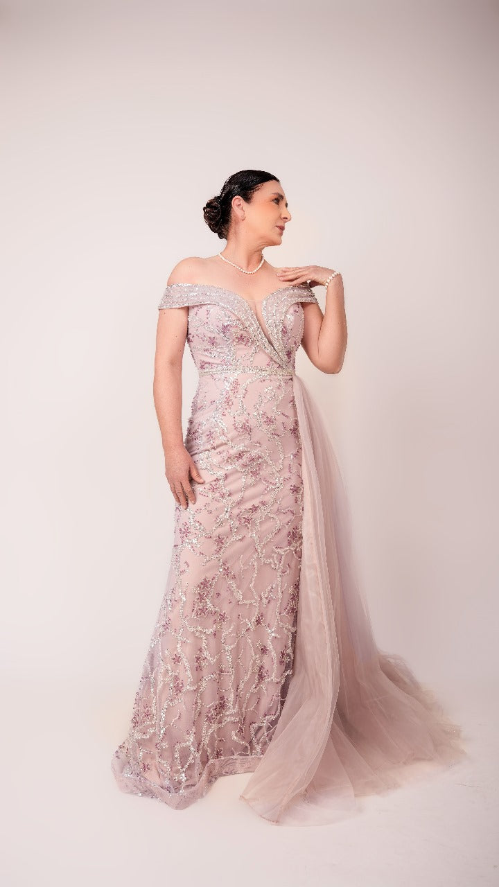 Vestido Rosa Malva Manga Caída Con Estampado Y Estola