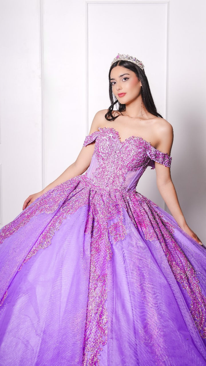 Vestido de XV Años Morado de Glitter y Mangas Campesinas