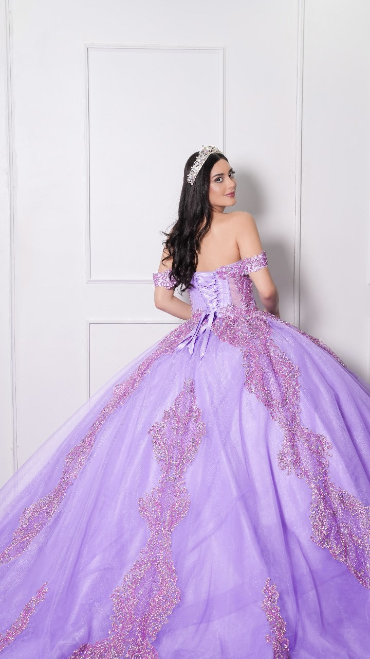 Vestido de XV Años Morado de Glitter y Mangas Campesinas