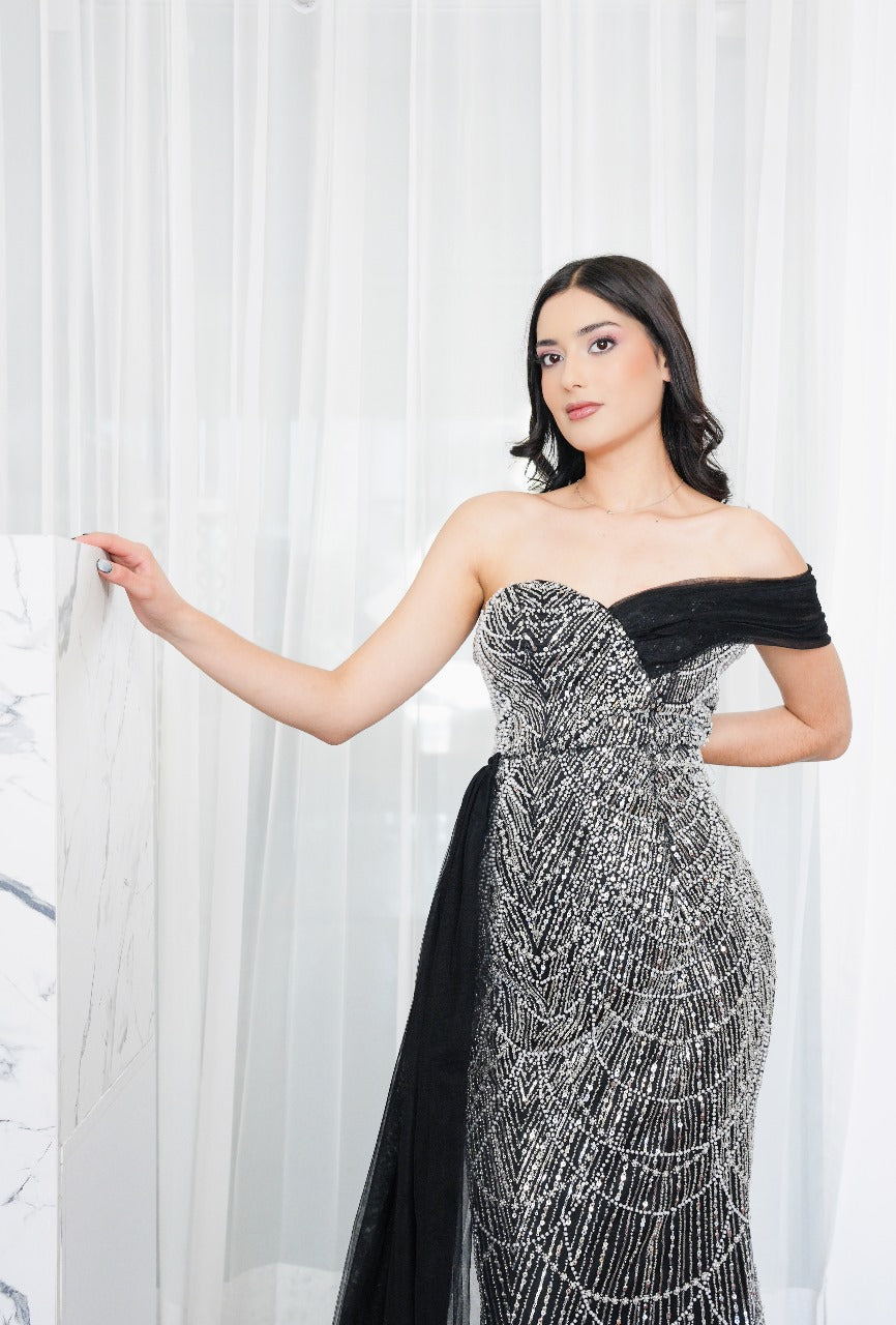 Vestido Corte Sirena Con Perlas Un Tirante